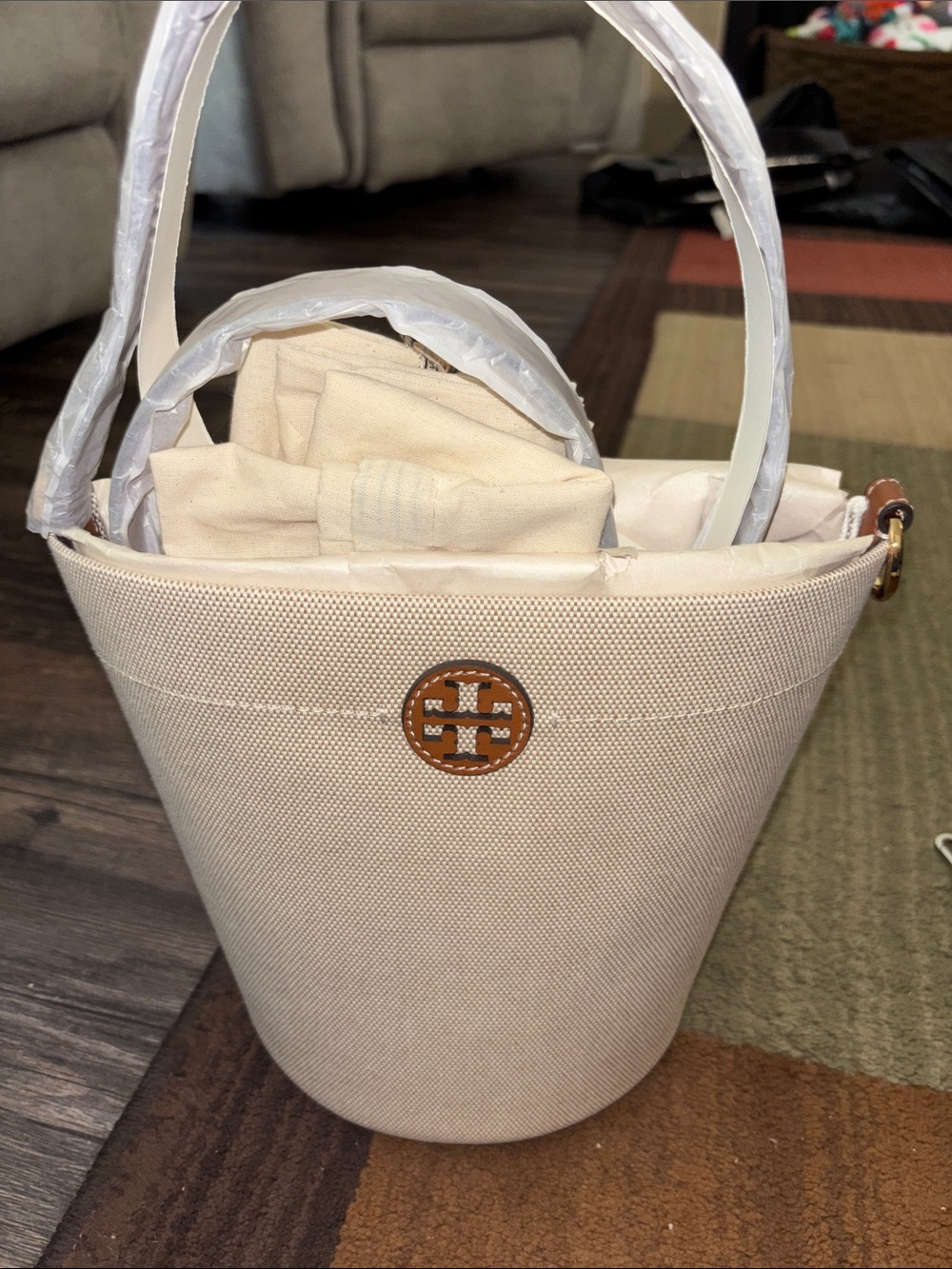 Tory Burch Beige Canvas Bucket Tote with Logo Medallion